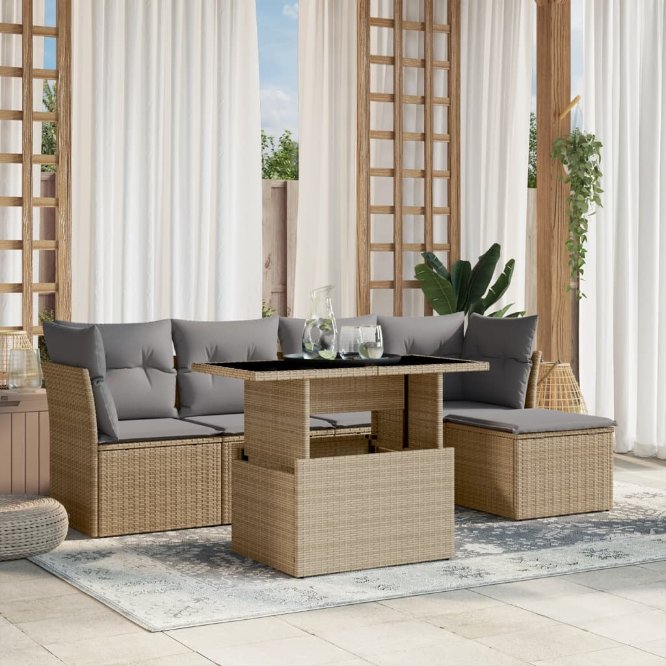 6-tlg. Garten-Sofagarnitur mit Kissen Schwarz Poly Rattan