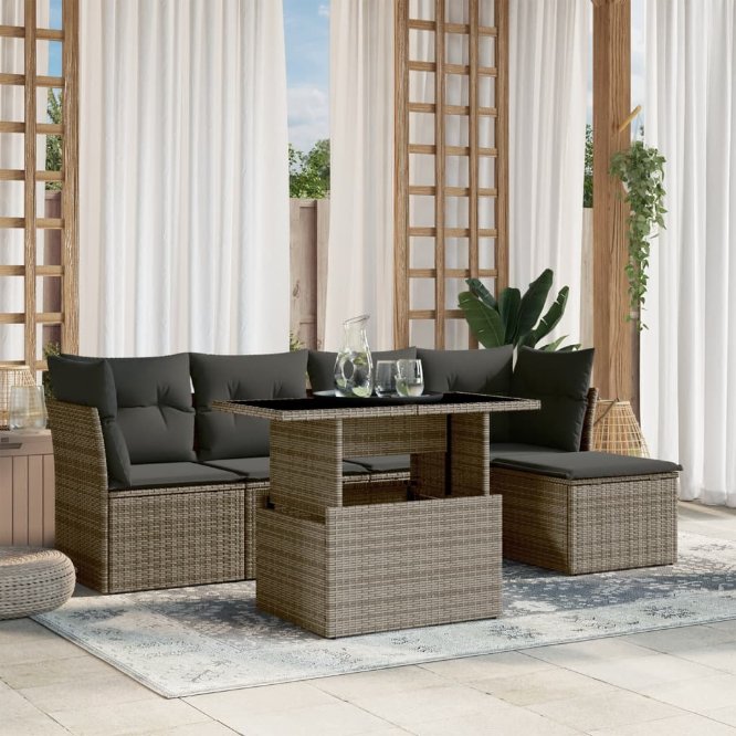 6-tlg. Garten-Sofagarnitur mit Kissen Schwarz Poly Rattan