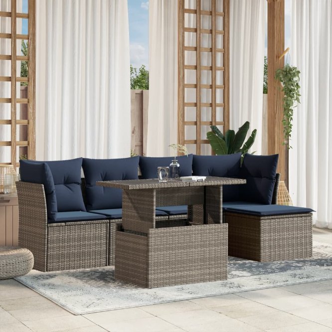 6-teiliges Gartensofa-Set mit Kissen, schwarzes Polyrattan