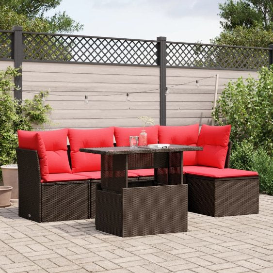 6-teiliges Gartensofa-Set mit Kissen, schwarzes Polyrattan