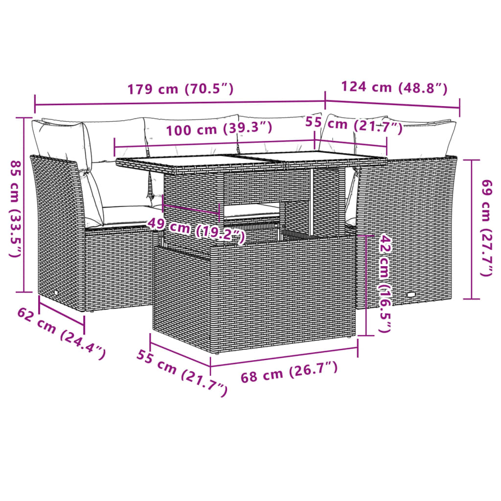 5-teiliges Gartensofa-Set mit Kissen, schwarzes Polyrattan