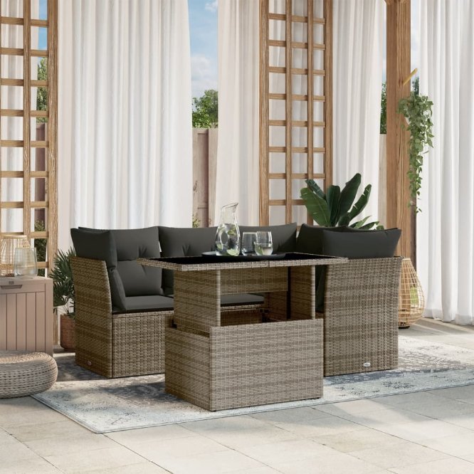 5-tlg. Garten-Sofagarnitur mit Kissen Schwarz Poly Rattan
