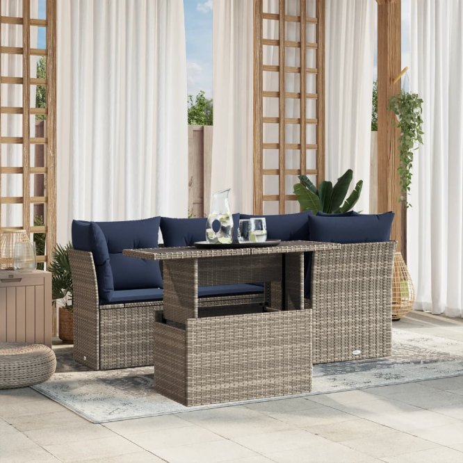 5-teiliges Gartensofa-Set mit Kissen, schwarzes Polyrattan
