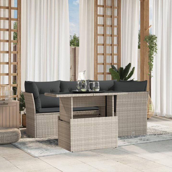 5-tlg. Garten-Sofagarnitur mit Kissen Schwarz Poly Rattan