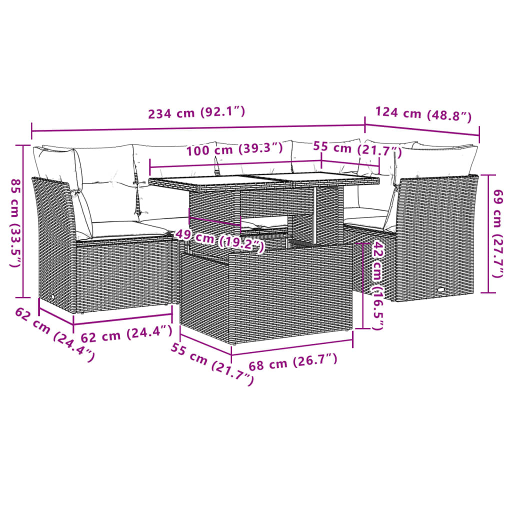 6-teiliges Gartensofa-Set mit Kissen, schwarzes Polyrattan