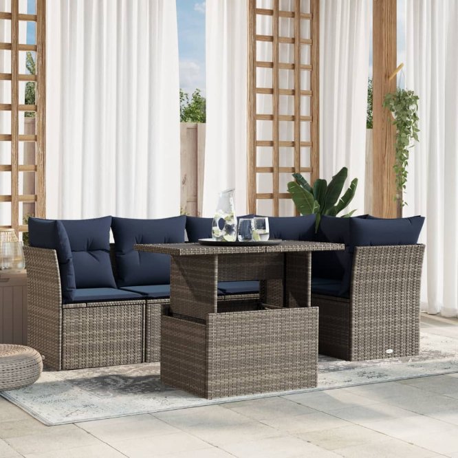 6-teiliges Gartensofa-Set mit Kissen, schwarzes Polyrattan