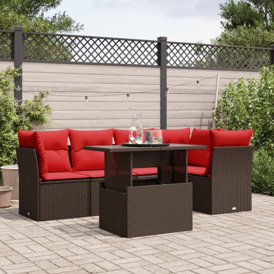 6-teiliges Gartensofa-Set mit Kissen, schwarzes Polyrattan