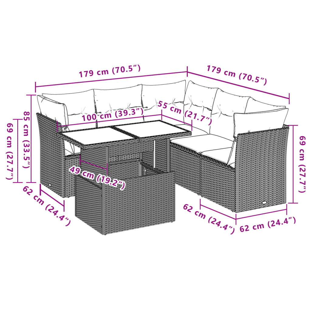 6-teiliges Gartensofa-Set mit Kissen, schwarzes Polyrattan
