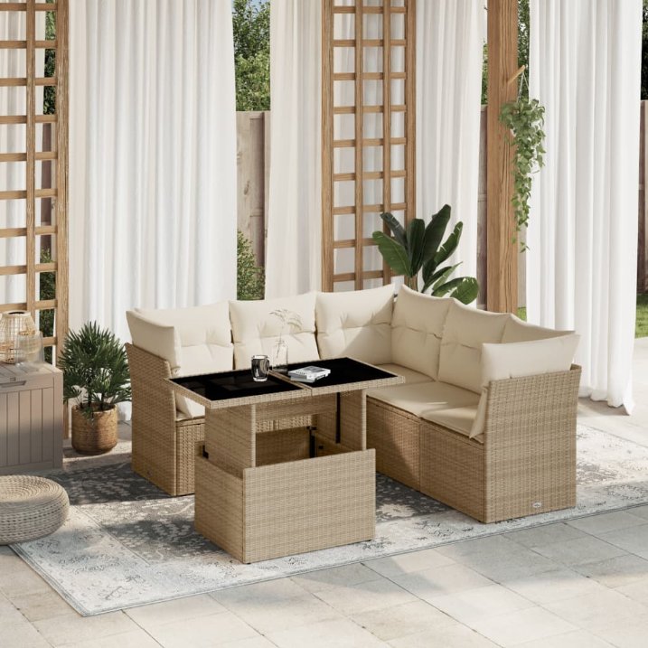 6-tlg. Garten-Sofagarnitur mit Kissen Schwarz Poly Rattan