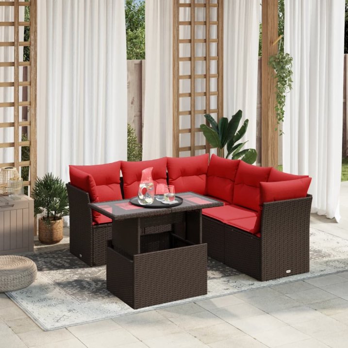 6-teiliges Gartensofa-Set mit Kissen, schwarzes Polyrattan