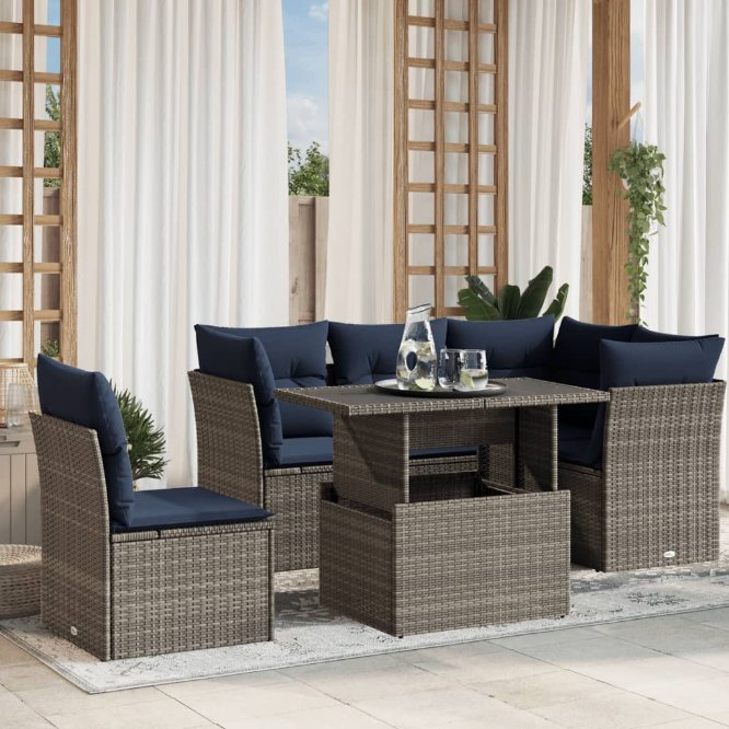 6-teiliges Gartensofa-Set mit Kissen, schwarzes Polyrattan