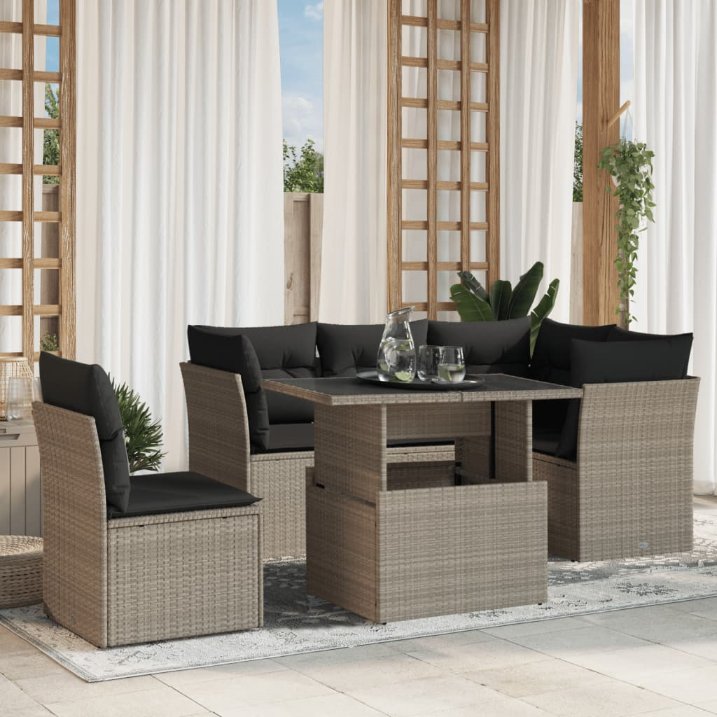 6-tlg. Garten-Sofagarnitur mit Kissen Schwarz Poly Rattan