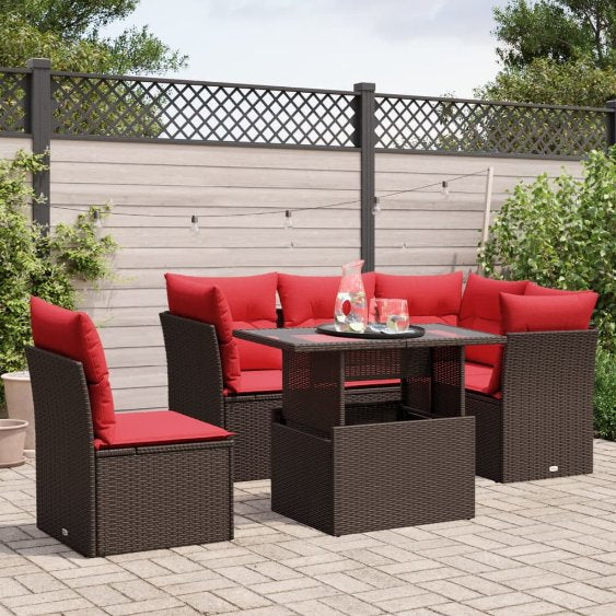 6-teiliges Gartensofa-Set mit Kissen, schwarzes Polyrattan