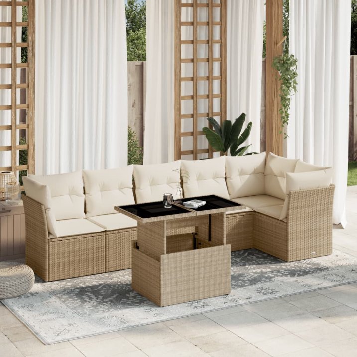 7-tlg. Garten-Sofagarnitur mit Kissen Schwarz Poly Rattan
