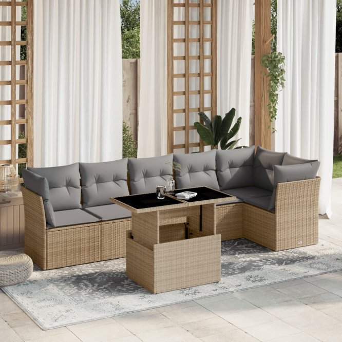 7-tlg. Garten-Sofagarnitur mit Kissen Schwarz Poly Rattan