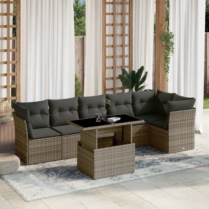 7-tlg. Garten-Sofagarnitur mit Kissen Schwarz Poly Rattan