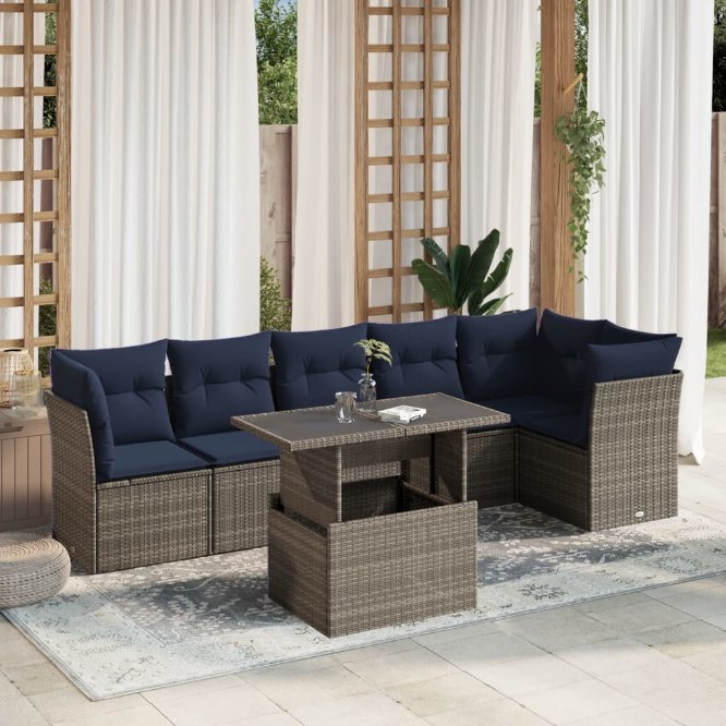 7-teiliges Gartensofa-Set mit Kissen, schwarzes Polyrattan