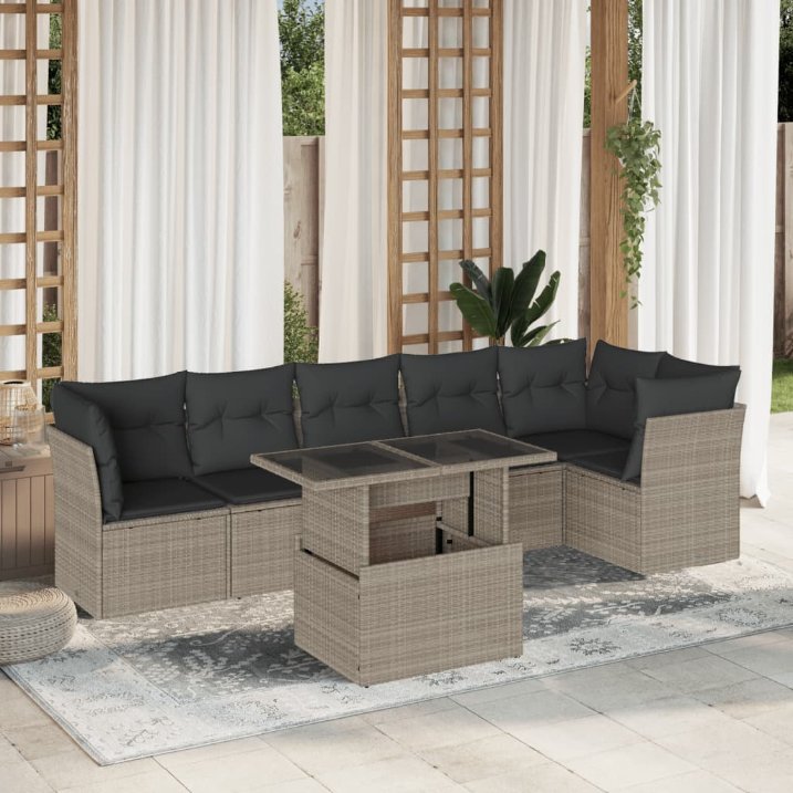 7-tlg. Garten-Sofagarnitur mit Kissen Schwarz Poly Rattan
