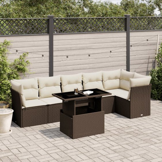 7-tlg. Garten-Sofagarnitur mit Kissen Schwarz Poly Rattan