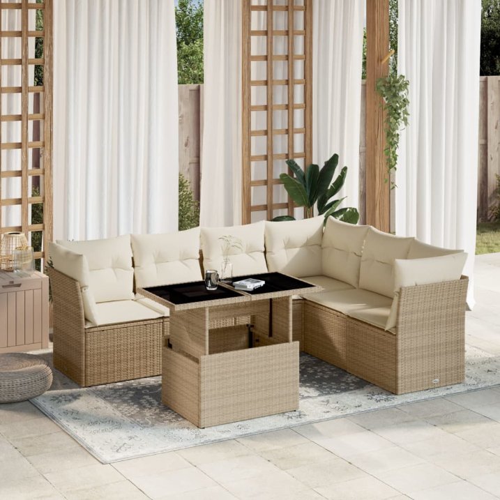 7-tlg. Garten-Sofagarnitur mit Kissen Schwarz Poly Rattan