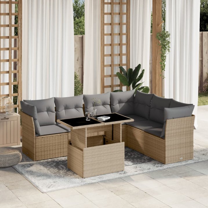 7-tlg. Garten-Sofagarnitur mit Kissen Schwarz Poly Rattan