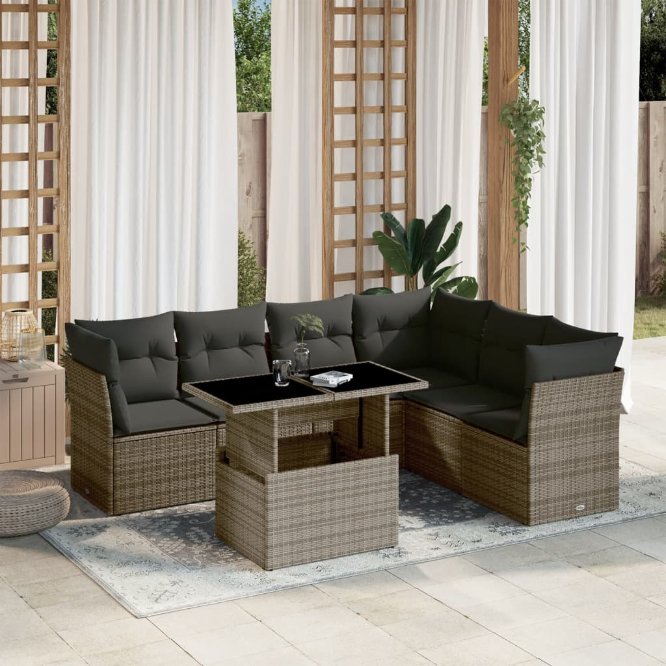 7-tlg. Garten-Sofagarnitur mit Kissen Schwarz Poly Rattan