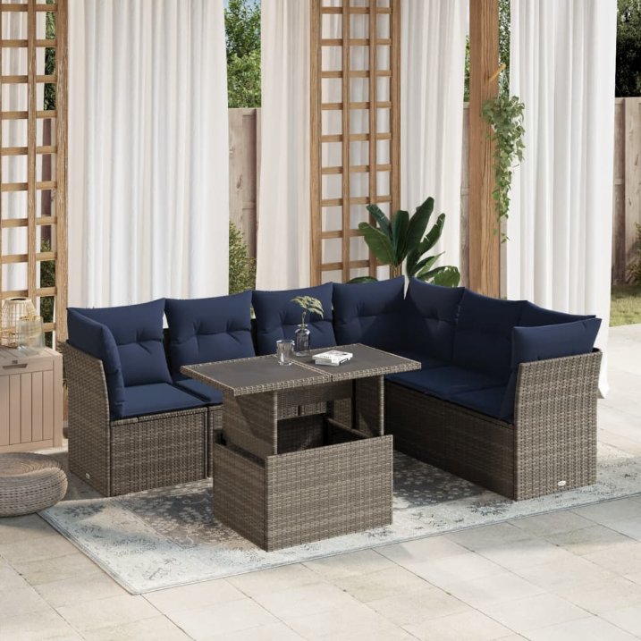 7-teiliges Gartensofa-Set mit Kissen, schwarzes Polyrattan