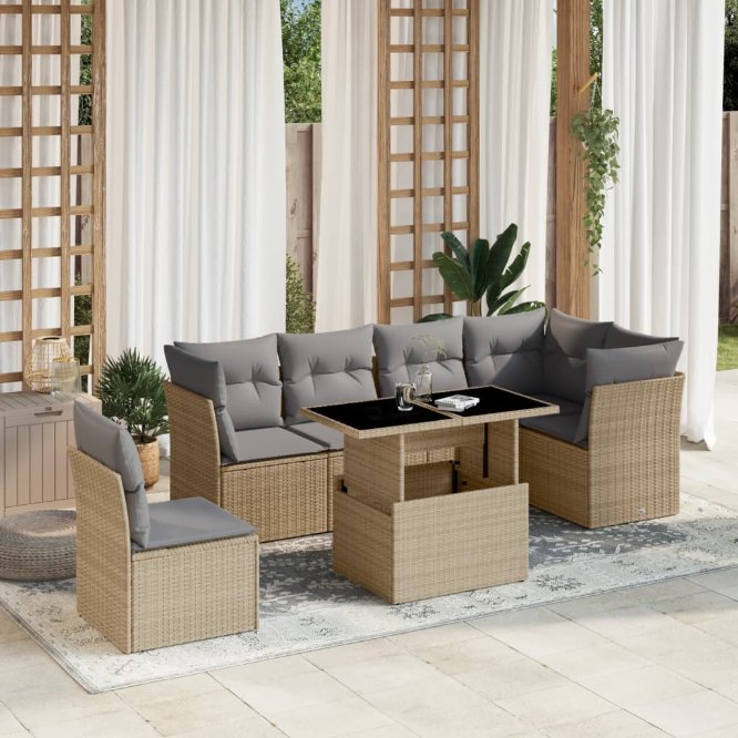 7-tlg. Garten-Sofagarnitur mit Kissen Schwarz Poly Rattan