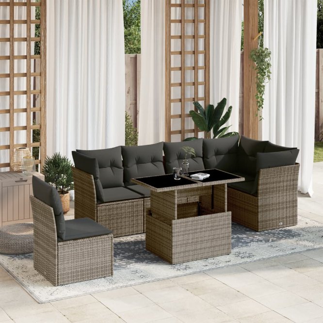 7-tlg. Garten-Sofagarnitur mit Kissen Schwarz Poly Rattan