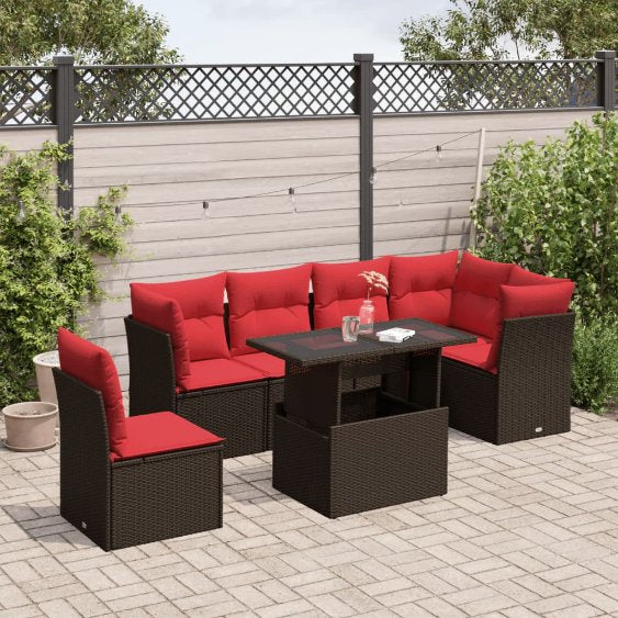 7-teiliges Gartensofa-Set mit Kissen, schwarzes Polyrattan