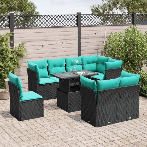 9-teiliges Gartensofa-Set mit Kissen, schwarzes Polyrattan