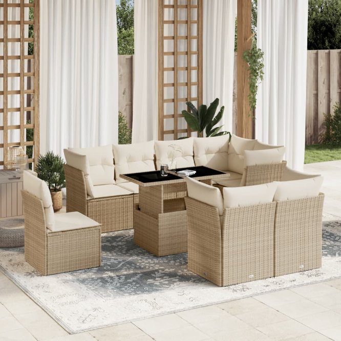 9-tlg. Garten-Sofagarnitur mit Kissen Schwarz Poly Rattan