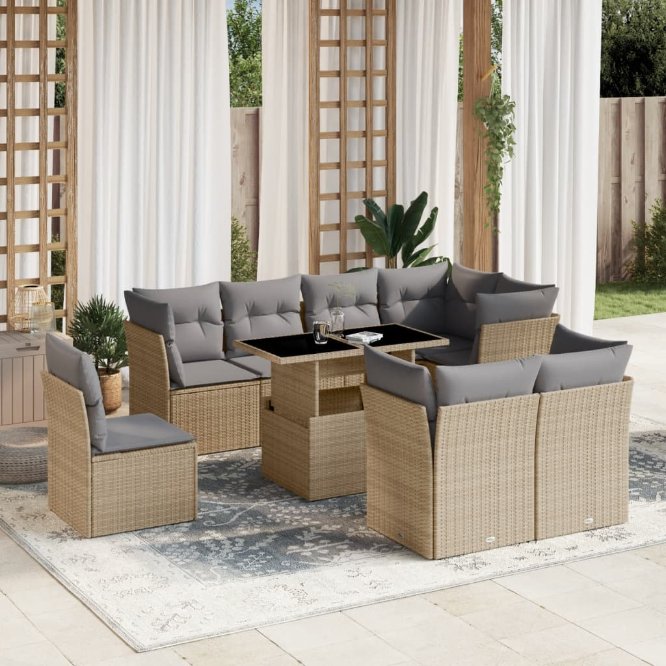9-tlg. Garten-Sofagarnitur mit Kissen Schwarz Poly Rattan