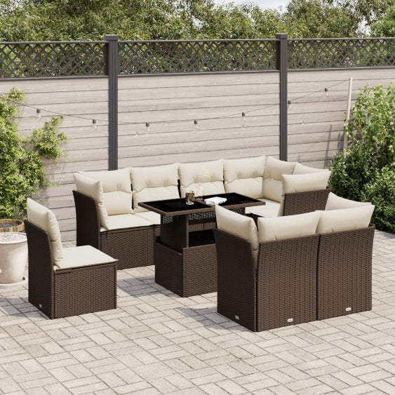 9-tlg. Garten-Sofagarnitur mit Kissen Schwarz Poly Rattan