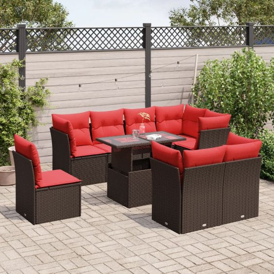 9-teiliges Gartensofa-Set mit Kissen, schwarzes Polyrattan