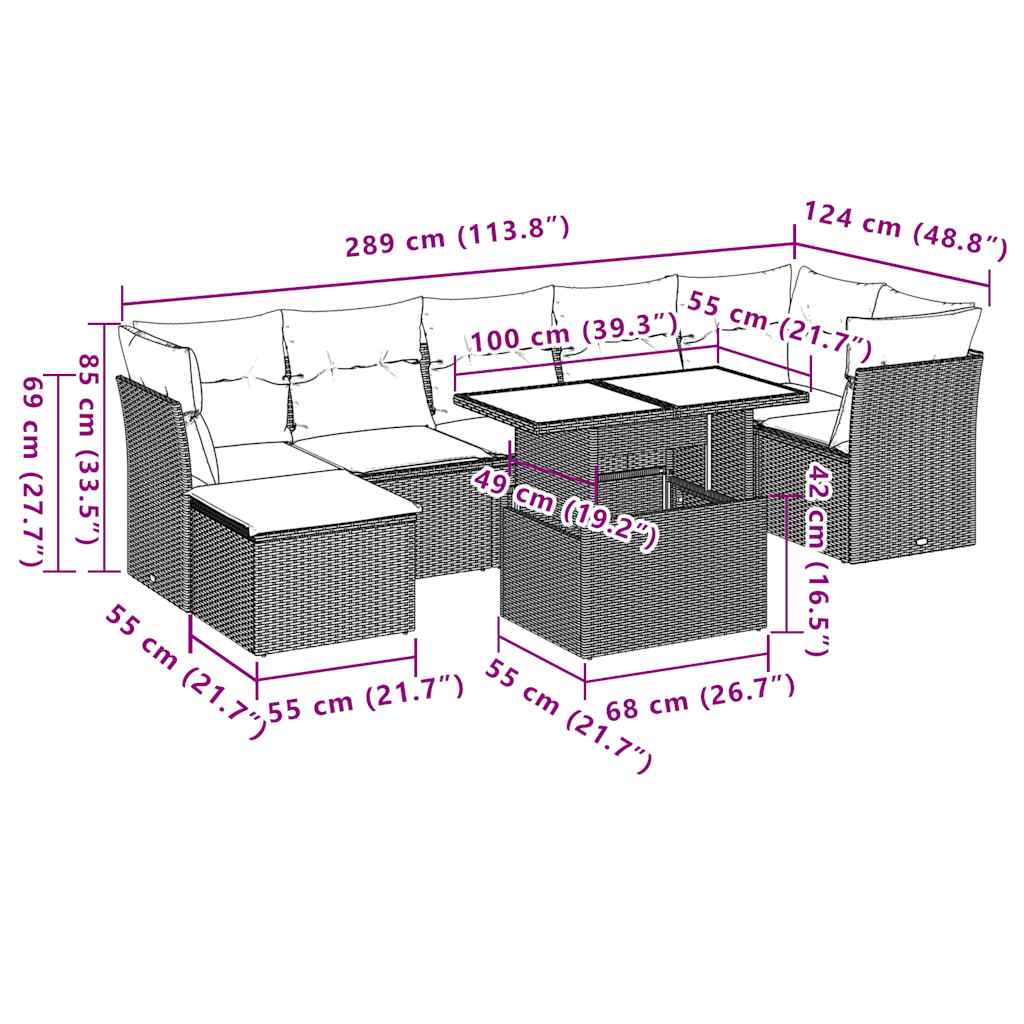 8-teiliges Gartensofa-Set mit Kissen, schwarzes Polyrattan