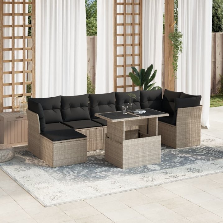 8-tlg. Garten-Sofagarnitur mit Kissen Schwarz Poly Rattan
