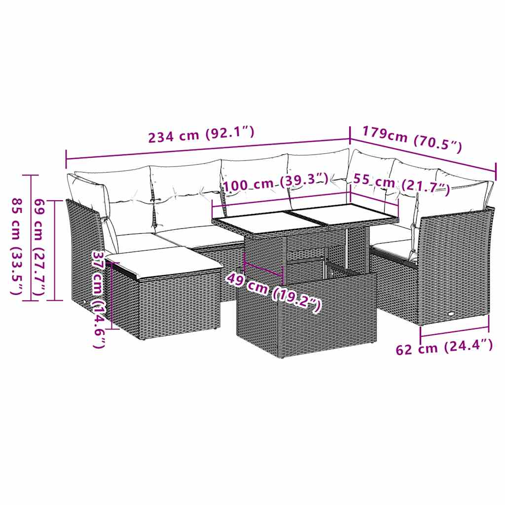 8-teiliges Gartensofa-Set mit Kissen, schwarzes Polyrattan