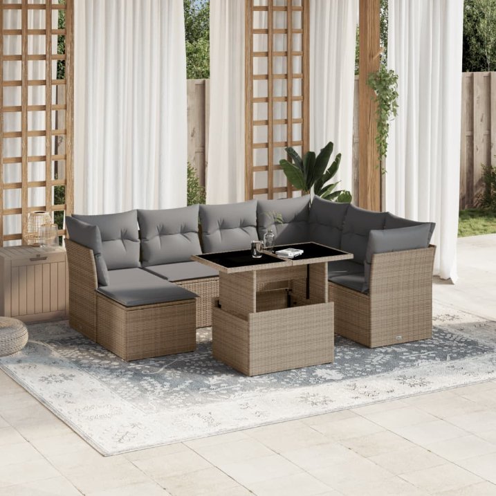 8-tlg. Garten-Sofagarnitur mit Kissen Schwarz Poly Rattan