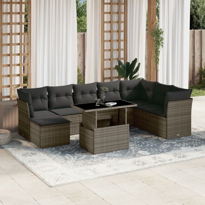 9-tlg. Garten-Sofagarnitur mit Kissen Schwarz Poly Rattan