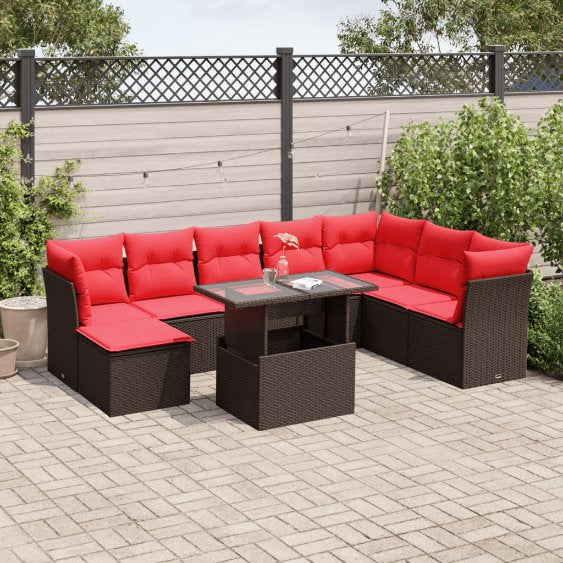 9-teiliges Gartensofa-Set mit Kissen, schwarzes Polyrattan