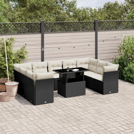 vidaXL 10-tlg. Garten-Sofagarnitur mit Kissen Schwarz Poly Rattan