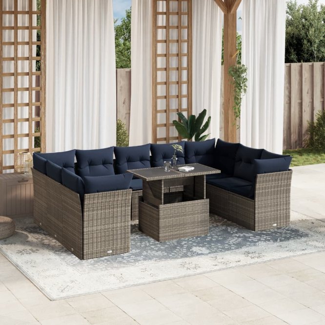 vidaXL 10-teiliges Gartensofa-Set mit Kissen, schwarzes Polyrattan