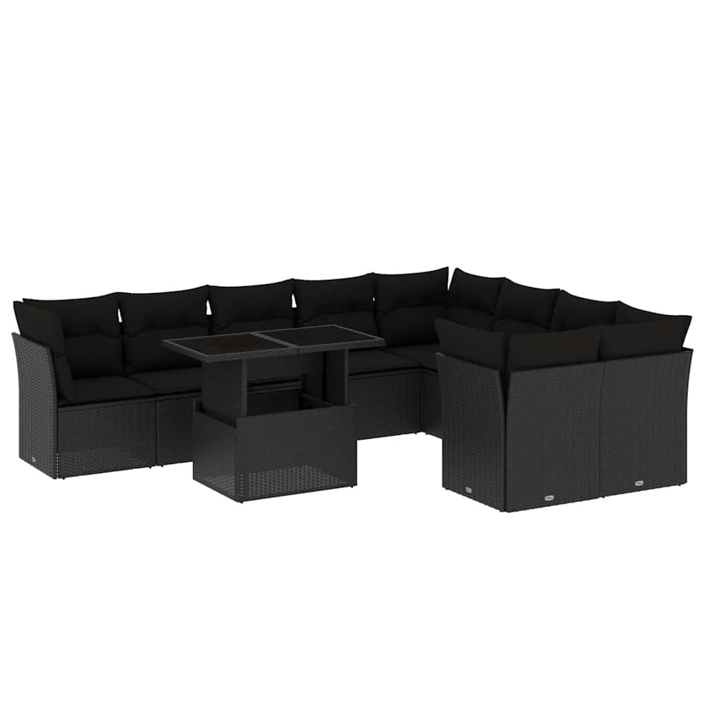 vidaXL 10-tlg. Garten-Sofagarnitur mit Kissen Schwarz Poly Rattan