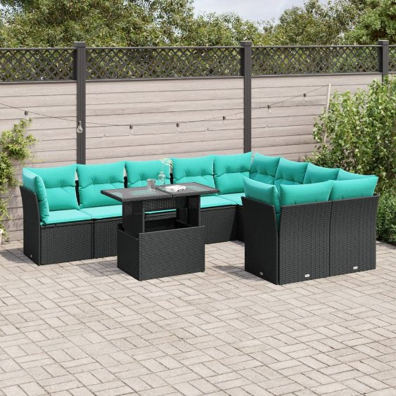 vidaXL 10-teiliges Gartensofa-Set mit Kissen, schwarzes Polyrattan