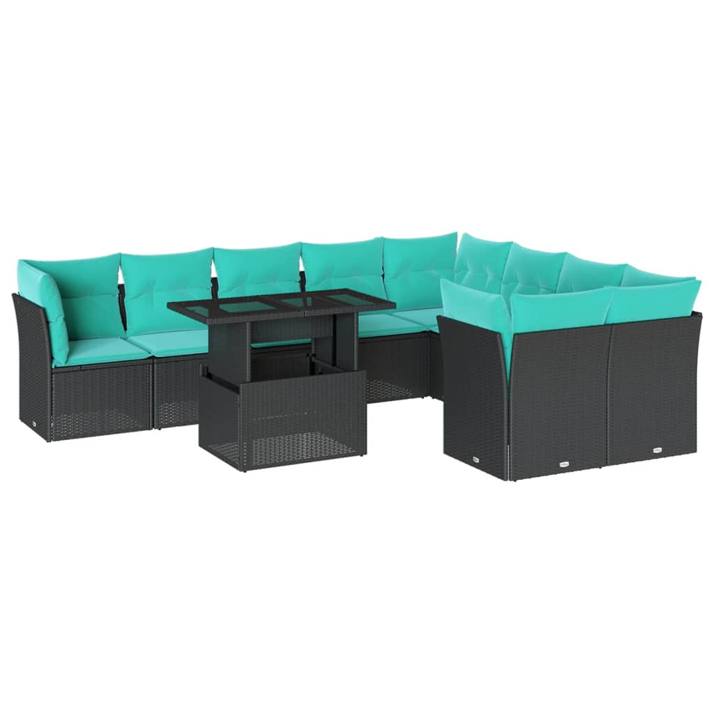 vidaXL 10-teiliges Gartensofa-Set mit Kissen, schwarzes Polyrattan