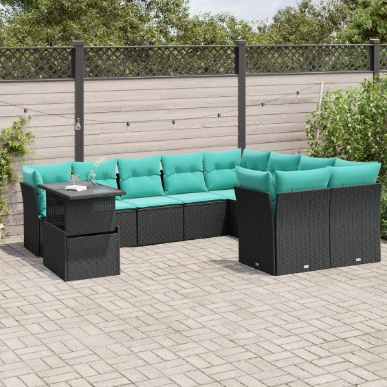 vidaXL 10-teiliges Gartensofa-Set mit Kissen, schwarzes Polyrattan