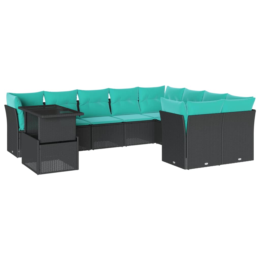 vidaXL 10-teiliges Gartensofa-Set mit Kissen, schwarzes Polyrattan
