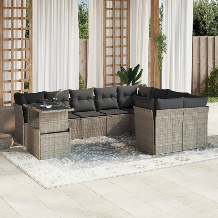 vidaXL 10-tlg. Garten-Sofagarnitur mit Kissen Schwarz Poly Rattan