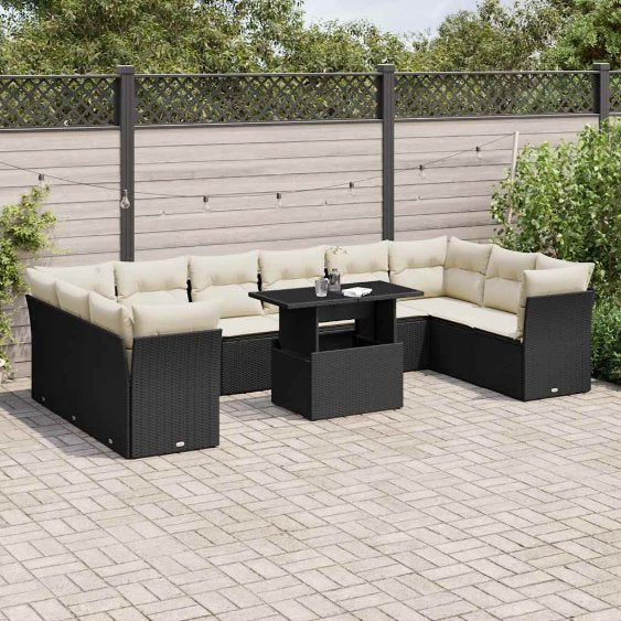 vidaXL 11-tlg. Garten-Sofagarnitur mit Kissen Schwarz Poly Rattan